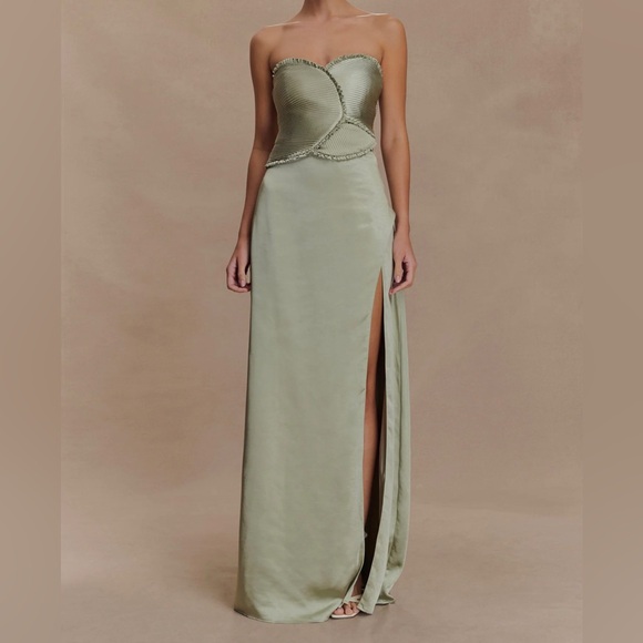 Meshki Larissa Satin Maxi Dress With Ruched Petals - Sage Green - Picture 1 of 3